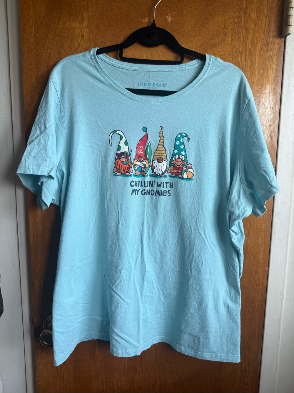 Life Is Good Light Blue T-Shirt with Colorful Gnome Graphic